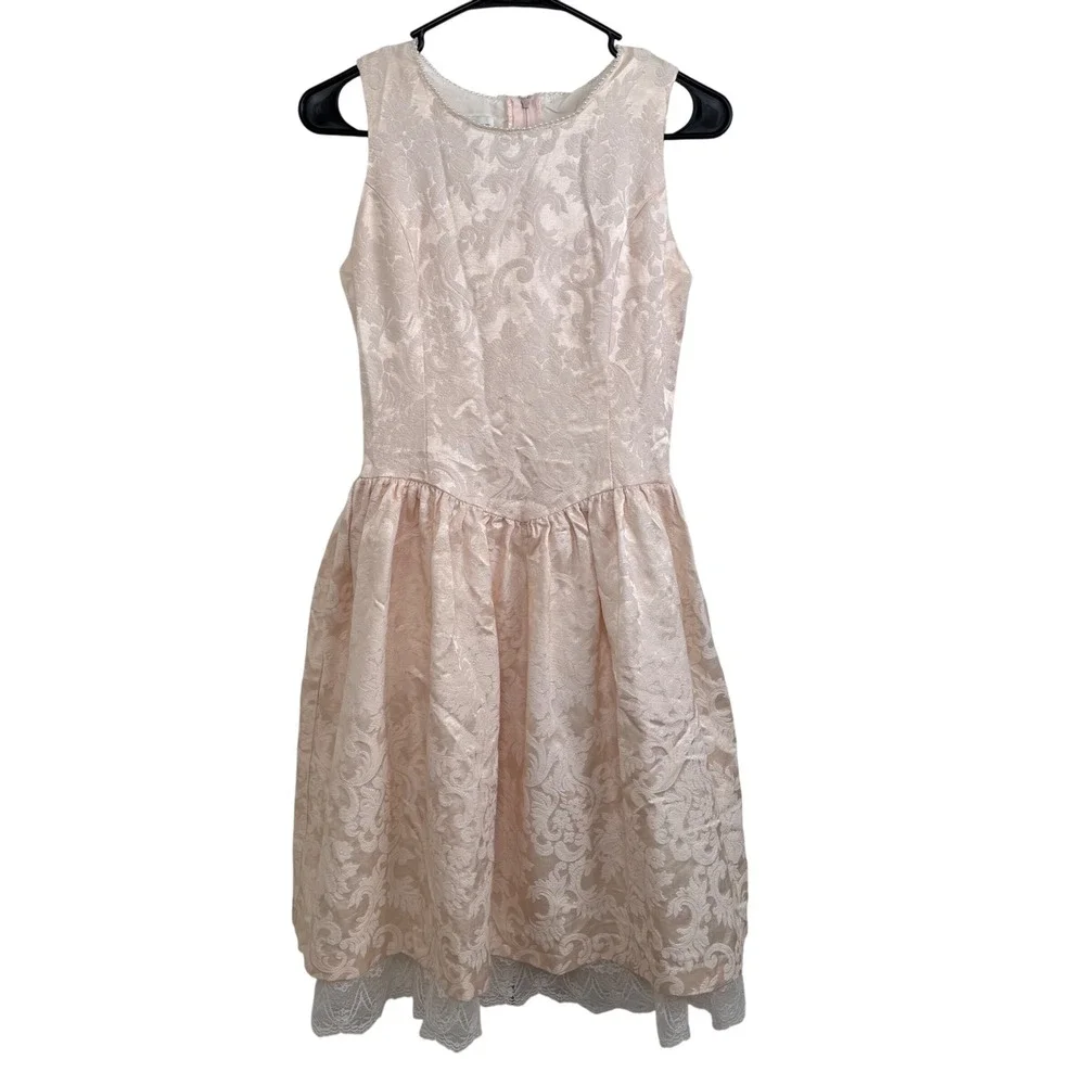 Jessica McClintock Girls 14 Pink‎ Jacquard Party Dress Pearl Lace Hem Vintage
